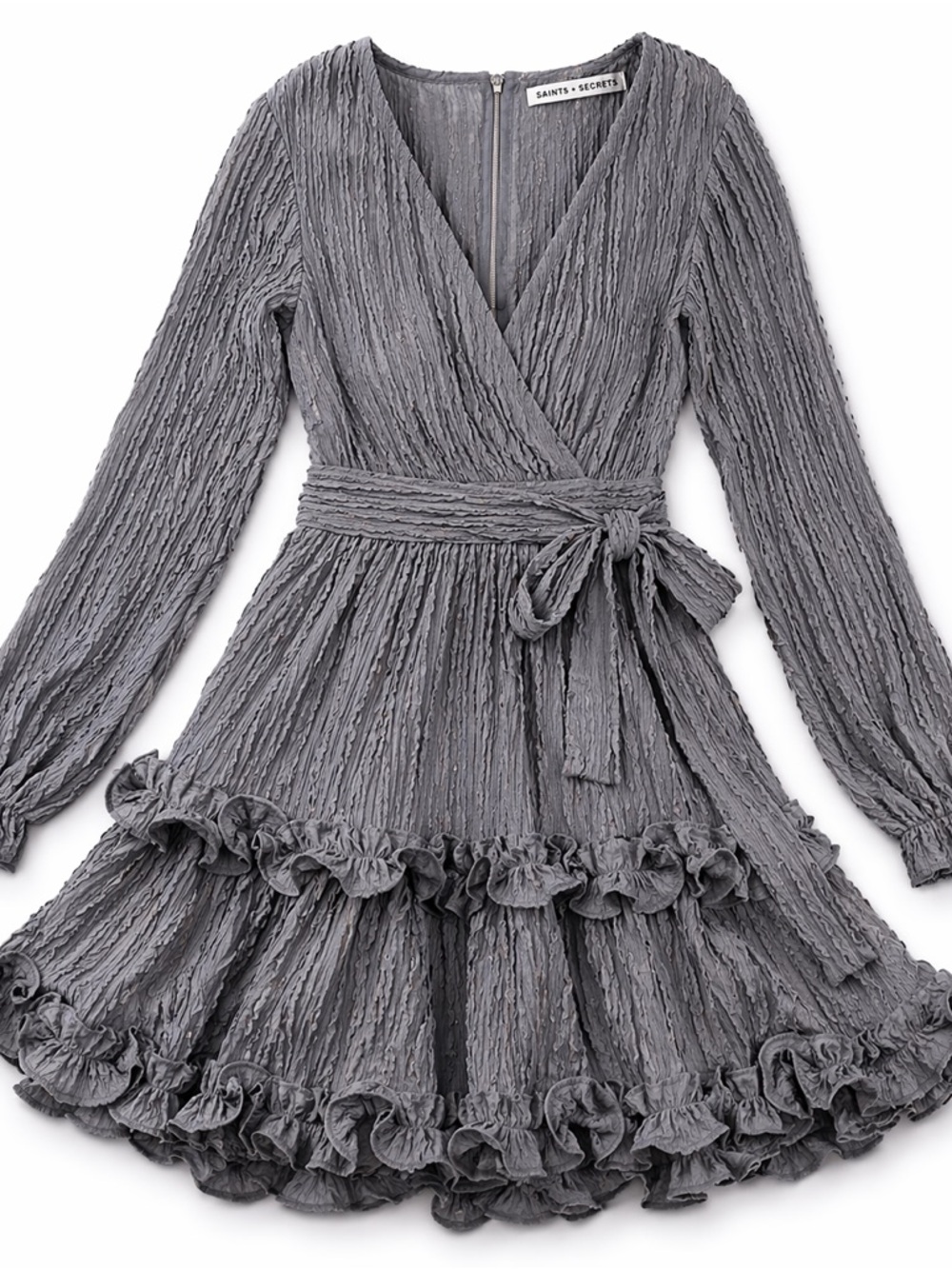 Saints + Secrets Gray Ruffle Mini Dress Small Boho V Neck Tie Waist - Picture 2 of 10